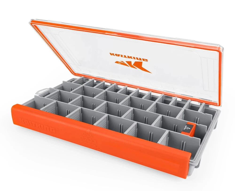 KastKing fishing tackle box with orange and gray compartments on a white background