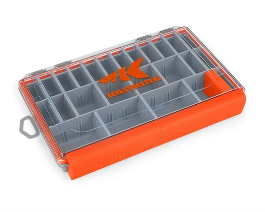 Orange and gray fishing tackle box with KastKing branding on a white background