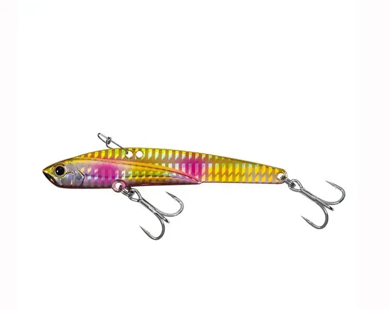 Colorful fishing lure with two hooks on a white background