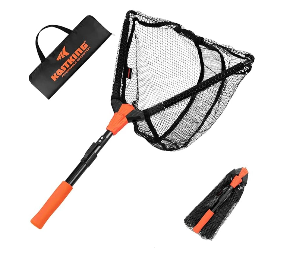 Fishing net with extendable handle and carrying case on a white background