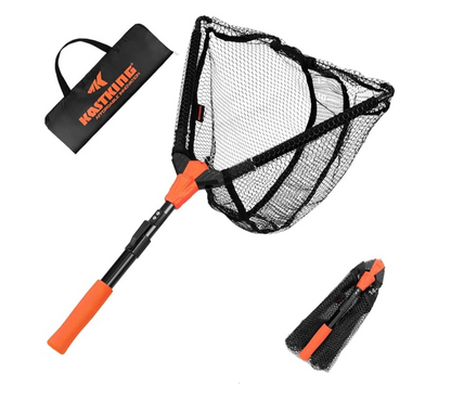 Fishing net with extendable handle and carrying case on a white background