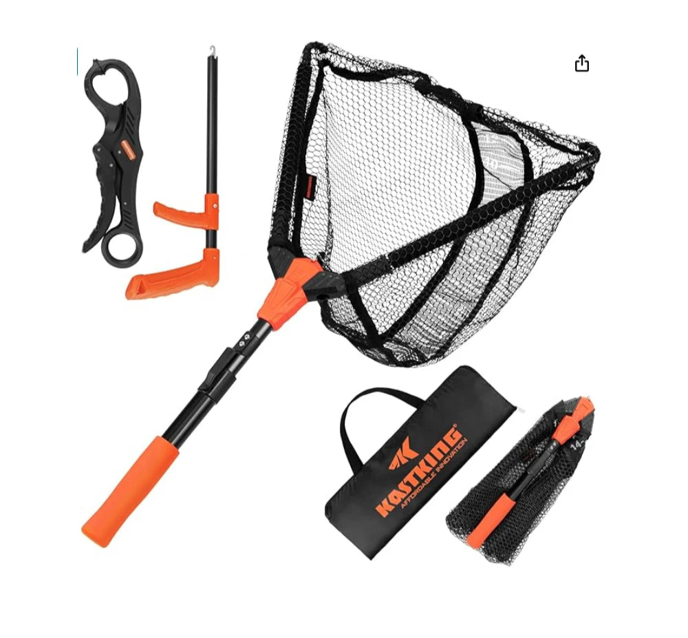 16-inch fishing net combo with handle, carrying bag, and additional tool on a white background
