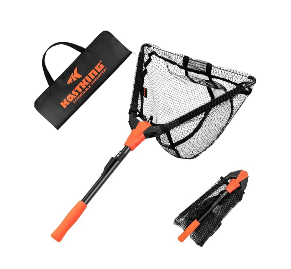 Fishing net with orange accents and carrying case on a white background